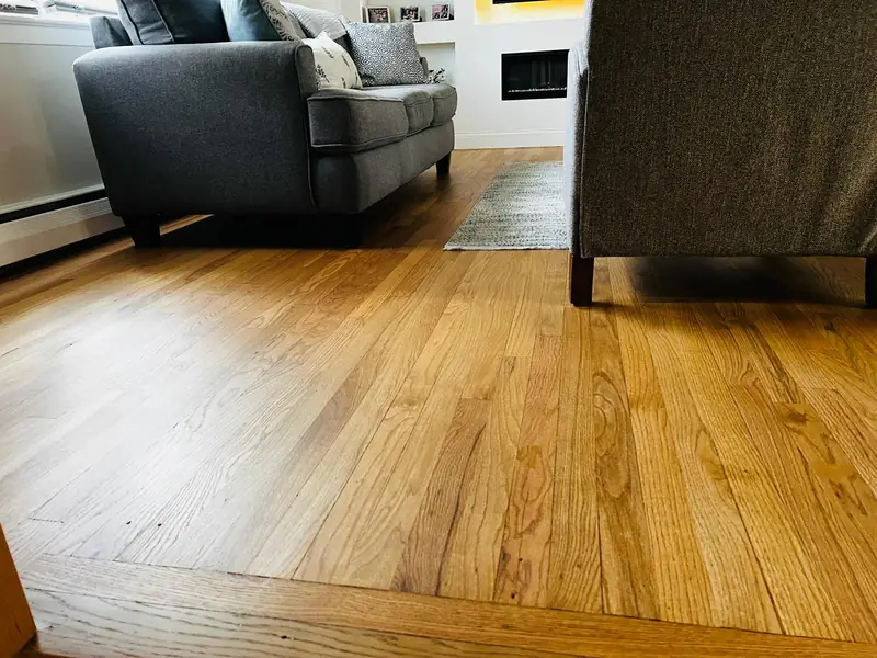 Close view of refinished hardwood planks from a completed project